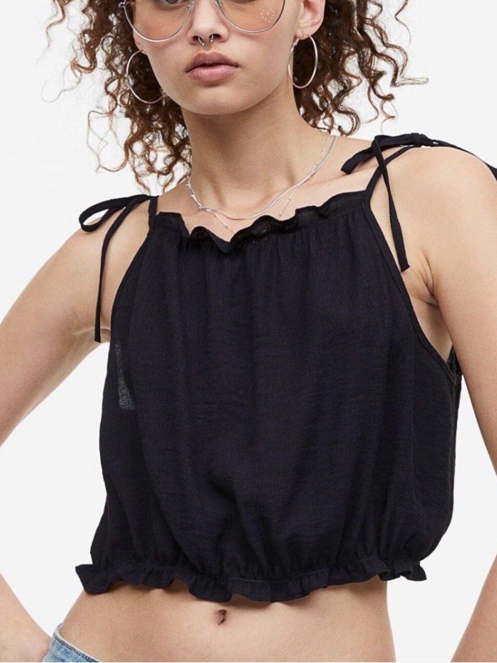Divided H&M Black Gauzy Tie-Strap Frill-Trimmed Crop Top Size XS